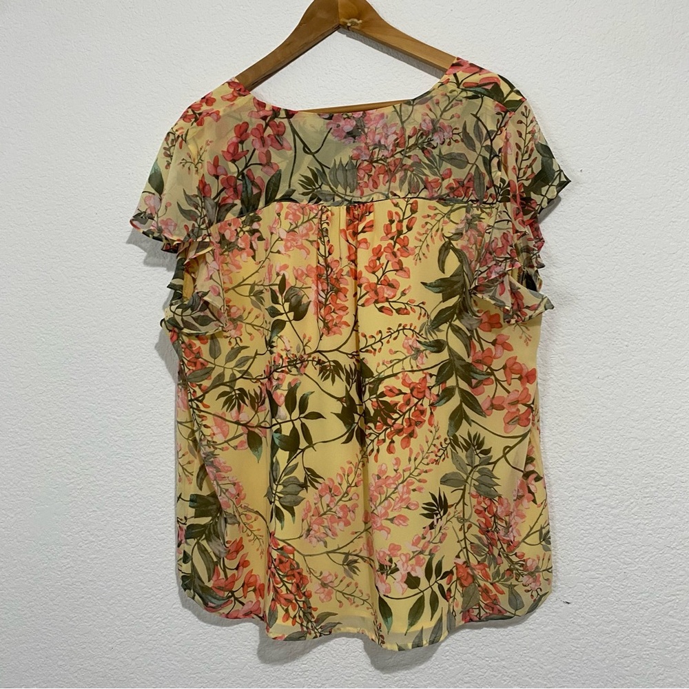 Investments Yellow Floral Tie Front Blouse V Neck XL - Picture 2 of 6